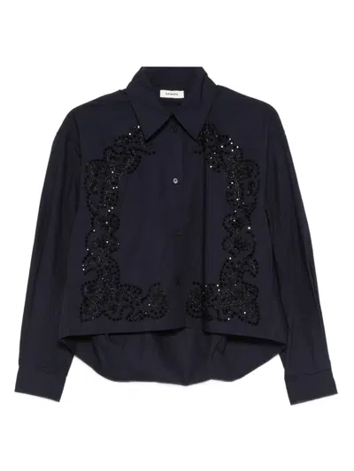 Sandro Womens Navy Blue Floral-embroidered Cotton Shirt