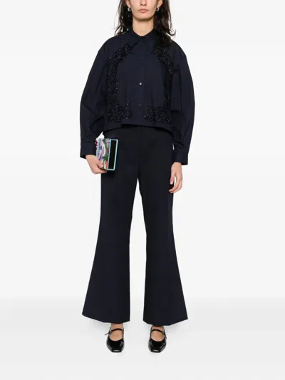 Sandro Womens Navy Blue Floral-embroidered Cotton Shirt