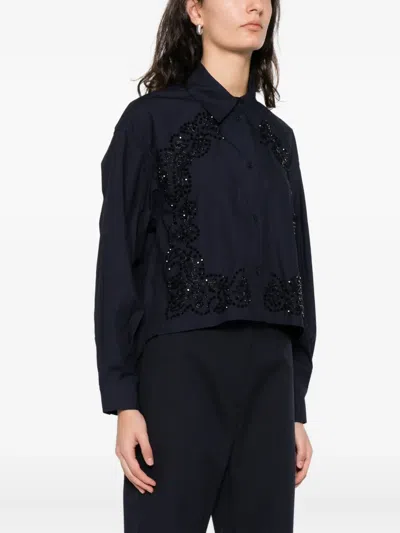 Sandro Womens Navy Blue Floral-embroidered Cotton Shirt