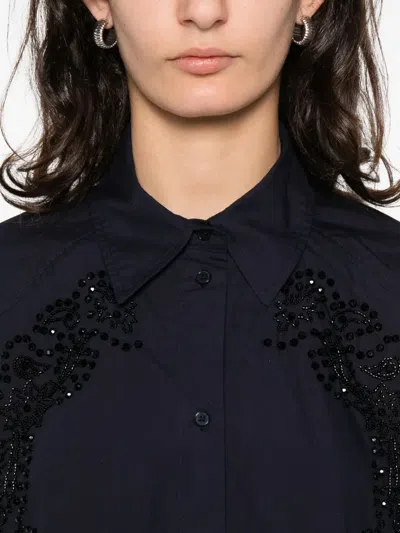 Sandro Womens Navy Blue Floral-embroidered Cotton Shirt
