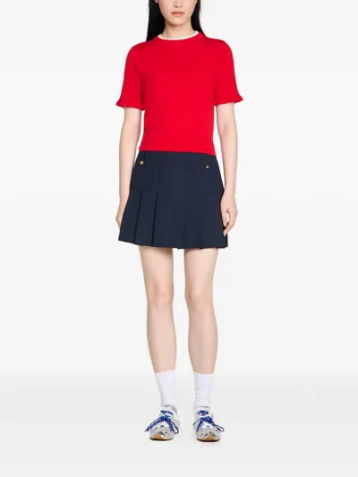 Sandro Contrast Collar Wool Sweater In Red