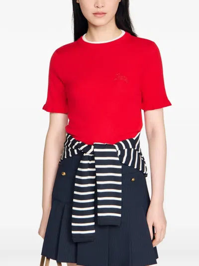 Sandro Contrast Collar Wool Sweater In Red