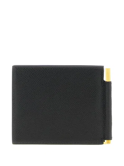 Tom Ford Compact Grain Wallet Gold Tone Hardware In Black