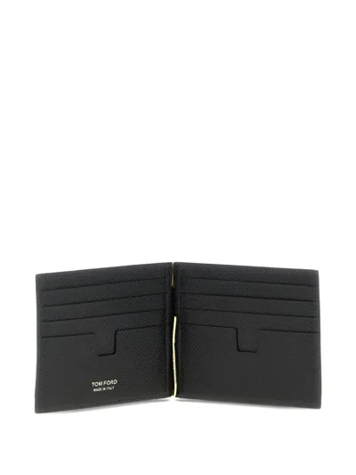Tom Ford Compact Grain Wallet Gold Tone Hardware In Black