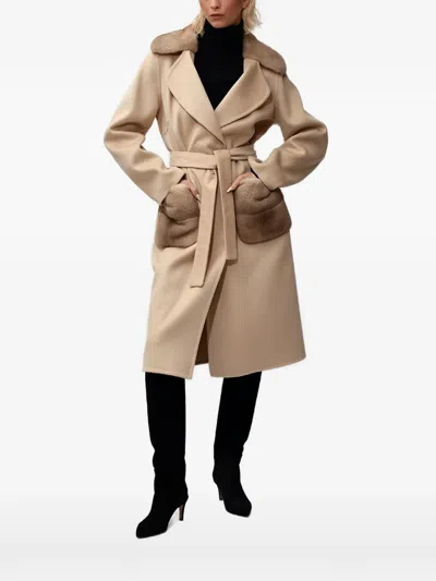Poche Paris Belted Midi Coat In Neutral