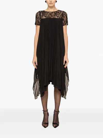 Nissa Lace-panel Pleated Midi Dress In Black