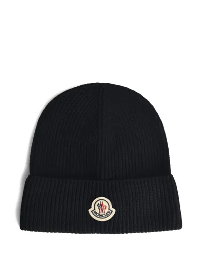Moncler Ribbed Texture Wool Hat Winter Style In Black