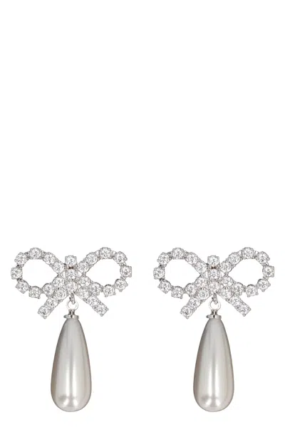 Self-portrait Crystal Bow Pearl Earrings In Silver