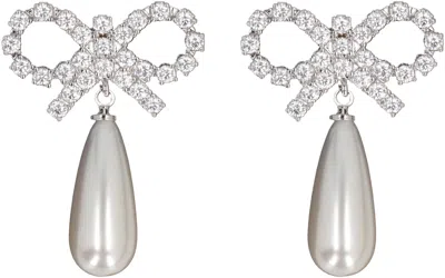 Self-portrait Crystal Bow Pearl Earrings In Silver
