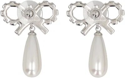Self-portrait Crystal Bow Pearl Earrings In Silver