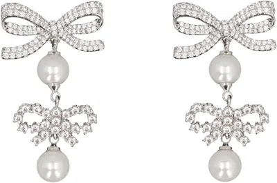 Self-portrait Double Bow Pearl Earrings In Silver