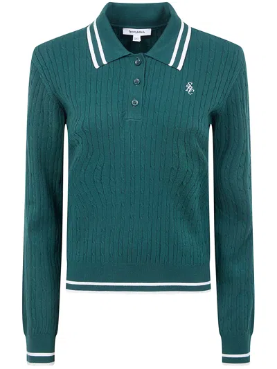 Sporty And Rich Knit Long Sleeve Polo Contrast Collar In Green