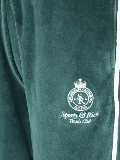 Sporty And Rich Crown Tennis Velour Sweatpants Side Stripes In Green