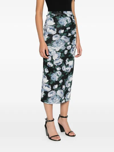 Stella Mccartney Ruched Floral-print Stretch-mesh Midi Skirt In Blue