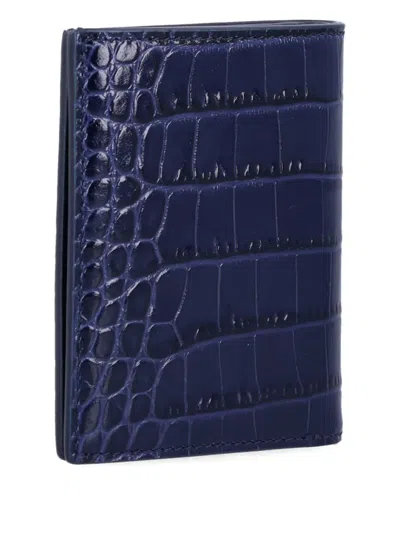 Tom Ford Folding Card Holder Crocco Print Leather In Blue