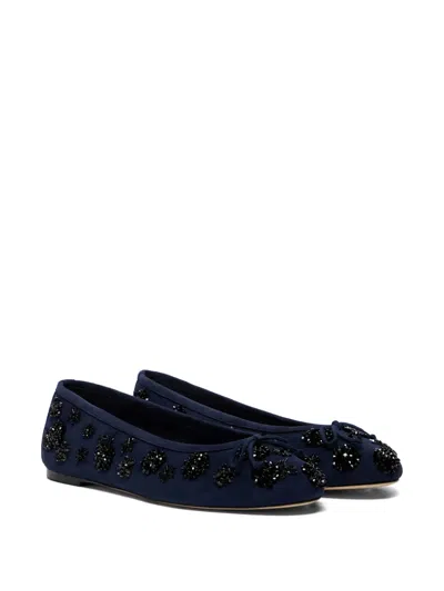 Stuart Weitzman Prima Bow Embroidered Flats In Blue