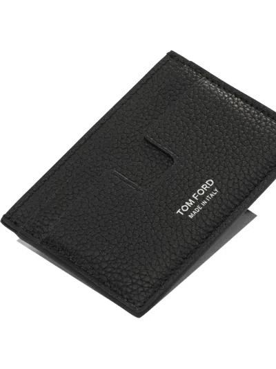 Tom Ford Black Card Holder With Embossed Lgoo Lettering On The Front And Money Clip In Grained Leather Man In Black