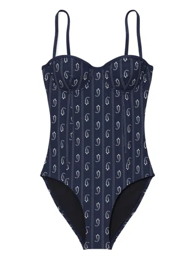 Tory Burch Underwired Swimsuit Adjustable Straps Patterned In Blue