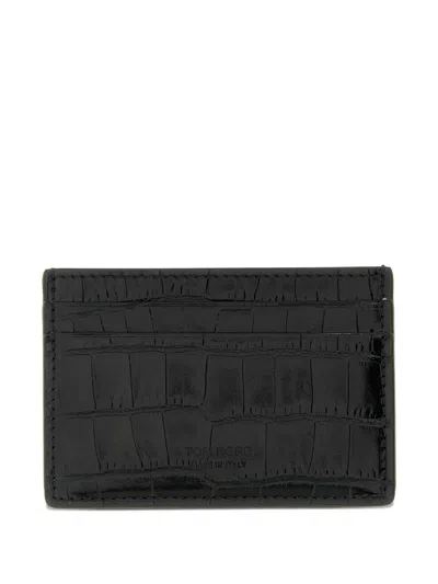 Tom Ford Crocodile-print Leather Card Holder In Black