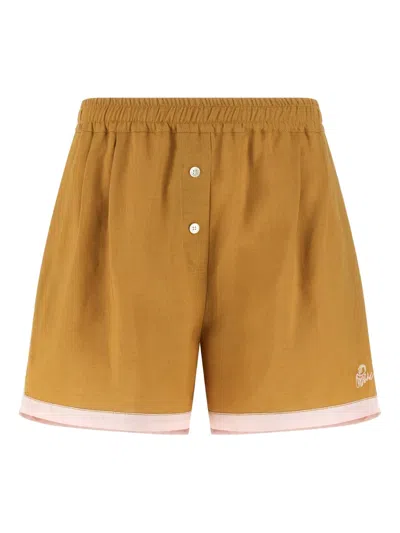 Marni Linen Shorts Button Detail Contrast Hem In Brown