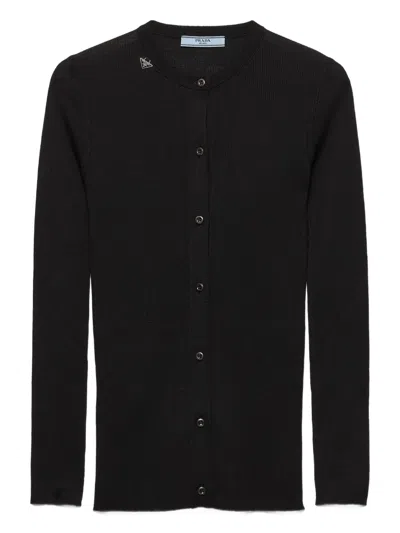 Prada Ribbed Buttoned Cardigan In Black