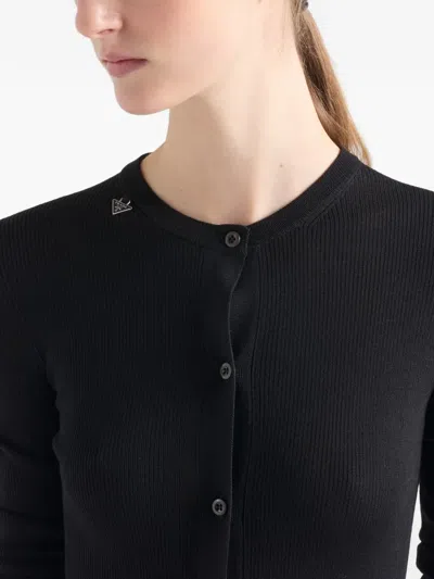 Prada Ribbed Buttoned Cardigan In Black