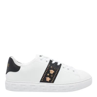 Versace Greca Studded Leather Sneakers In White