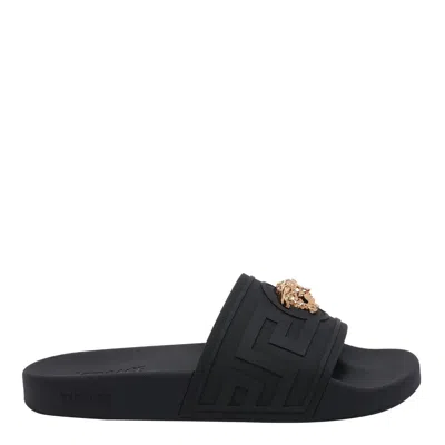 Versace Black Sandals With Medusa Plaque On The Front In Tech Fabric Man