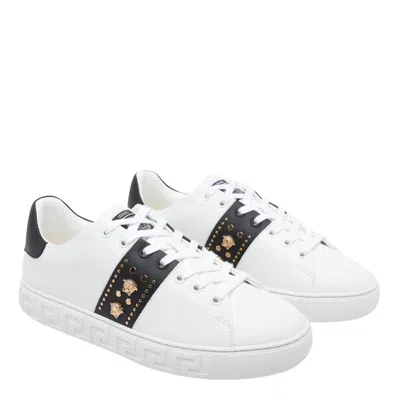 Versace Greca Studded Leather Sneakers In White