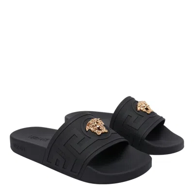 Versace Black Sandals With Medusa Plaque On The Front In Tech Fabric Man