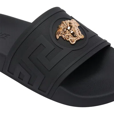 Versace Black Sandals With Medusa Plaque On The Front In Tech Fabric Man