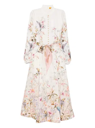 Zimmermann Rebellion Multicolor Midi Dress With Bow Detail On The Front And All-over Floral Print In Linen Woma