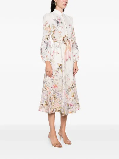 Zimmermann Rebellion Multicolor Midi Dress With Bow Detail On The Front And All-over Floral Print In Linen Woma