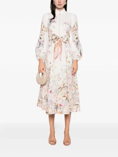 Zimmermann Rebellion Multicolor Midi Dress With Bow Detail On The Front And All-over Floral Print In Linen Woma