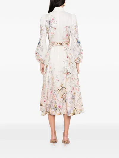 Zimmermann Rebellion Multicolor Midi Dress With Bow Detail On The Front And All-over Floral Print In Linen Woma