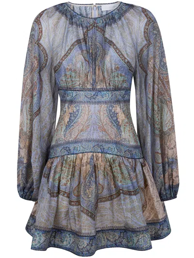 Zimmermann Wanderlust Multicolor Crewneck Mini Dress With Puffed Long Sleeves And All-over Print In Cotton And 