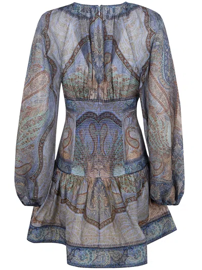 Zimmermann Wanderlust Multicolor Crewneck Mini Dress With Puffed Long Sleeves And All-over Print In Cotton And 