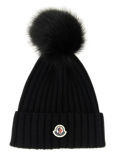 Moncler Ribbed Knit Wool Beanie With Faux Fur Pom-pom In Black