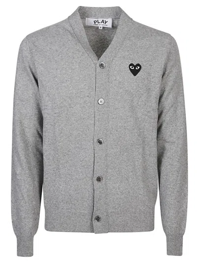 Comme Des Garçons Light Grey V-neck Logo Patch Cardigan In Gray
