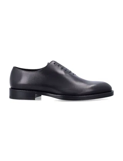 Ferragamo Almond Toe Brogues With Double Leather Sole In Black