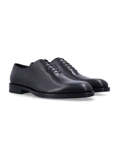 Ferragamo Almond Toe Brogues With Double Leather Sole In Black