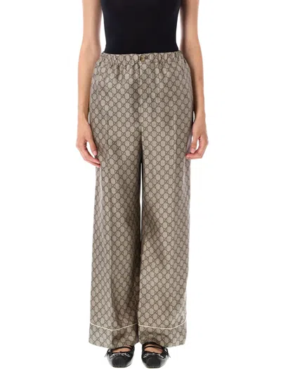 Gucci Gg Supreme Print Silk Trouser In Gray