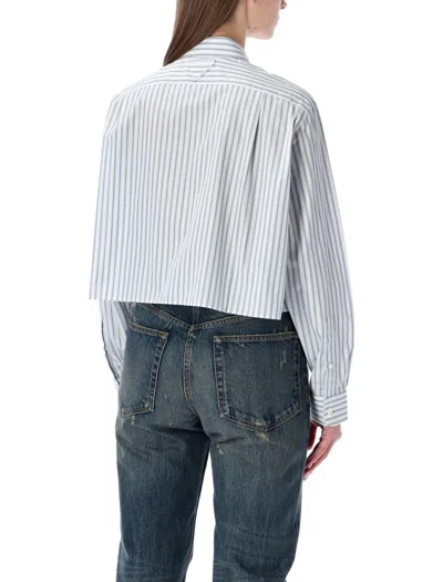 Prada Striped Poplin Short Shirt With Scarf Collar In Blue