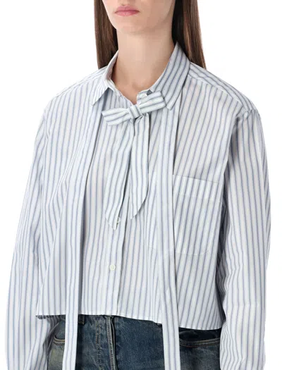 Prada Striped Poplin Short Shirt With Scarf Collar In Blue