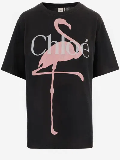Chloé Oversized Fit Flamingo-print Cotton Jersey T-shirt In Black