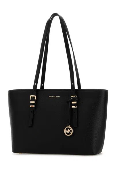 Michael Kors Black Leather Quinn Shopping Bag In Black
