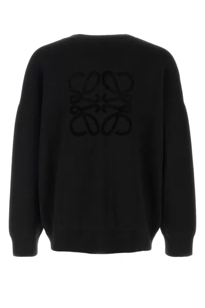 Loewe Stretch Wool Blend Cardigan Ribbed Cuffs Hem In Black