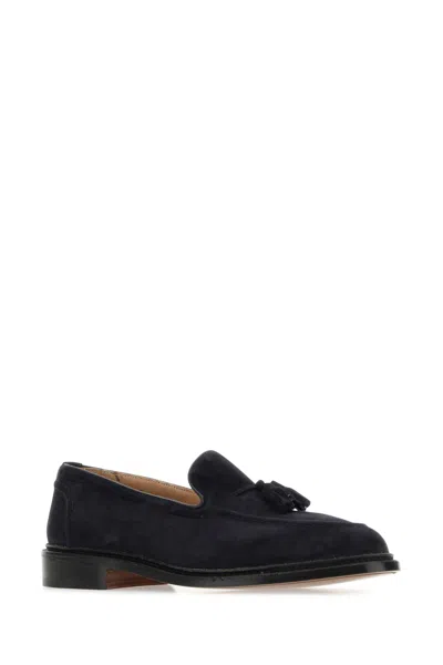 Tricker's Navy Blue Suede Elton Loafers In Black