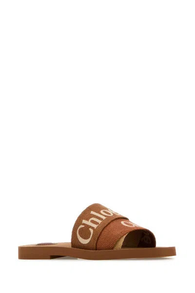 Chloé Caramel Linen Woody Slippers In Brown