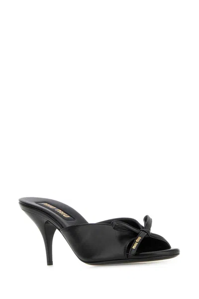 Miu Miu Lamb Leather Slippers Bow Open Toe Stiletto In Black